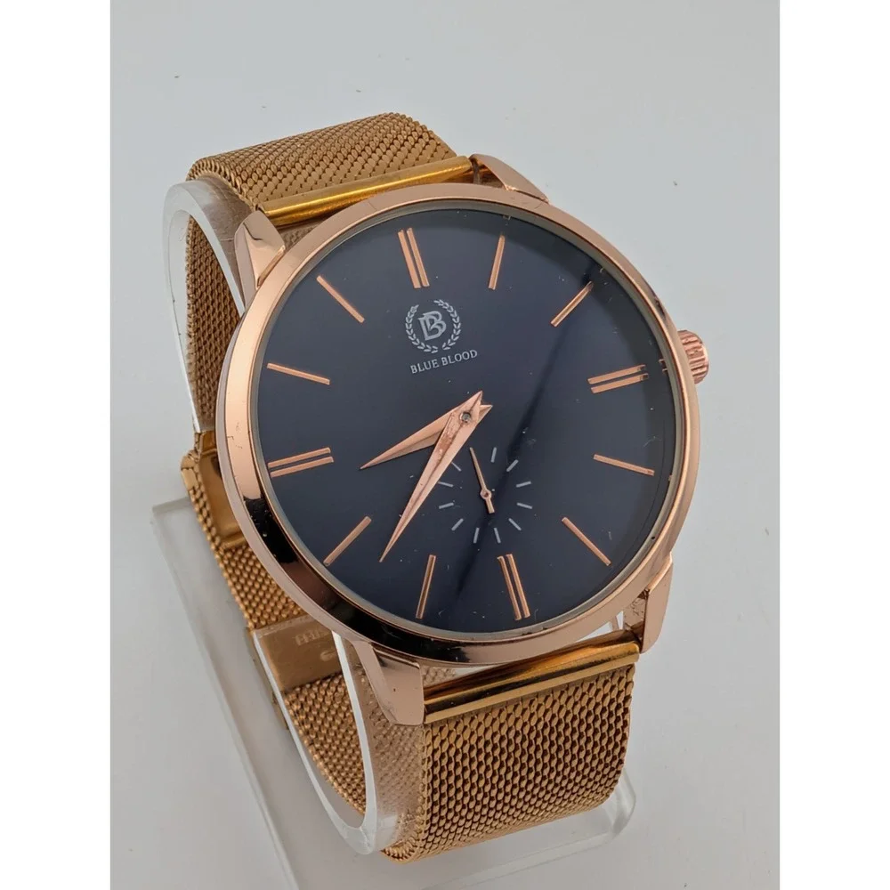 Blue Blood Men's Watch 41mm Case Blue Dial Rose Gold Mesh Metal Band New Battery